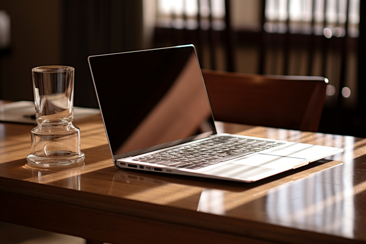 sleek laptop on wooden desk with glass and sunlight